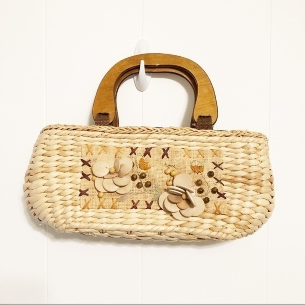 SUN N SAND WICKER FLORAL TAN SATCHEL PURSE WOOD COTTAGECORE SUMMER BAG